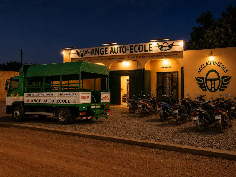 Façade d'Ange Auto-École de nuit, avec le camion et les motos-écoles