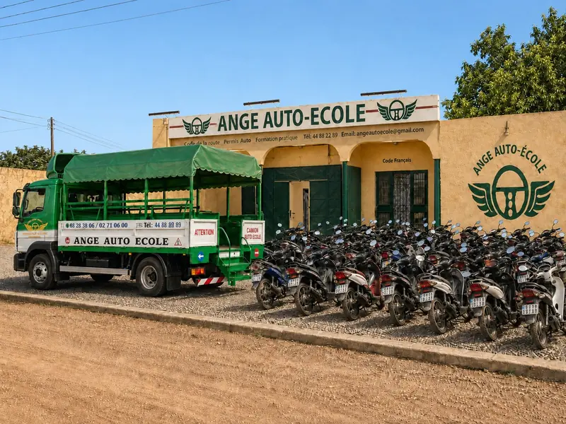 Le camion-école et la flotte de motos garés devant Ange Auto-École
