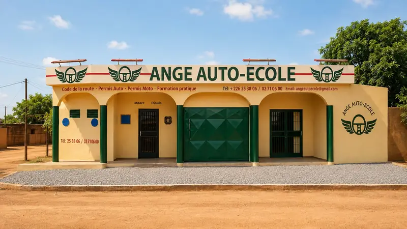 Façade d’Ange Auto-École de jour, avec son enseigne et la roue ailée peinte
